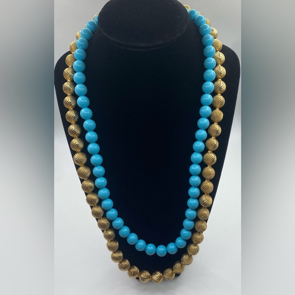 Coro Pegasus Turquoise and Burnished Gold Tone Double Strand Necklace Vintage - Picture 4 of 11